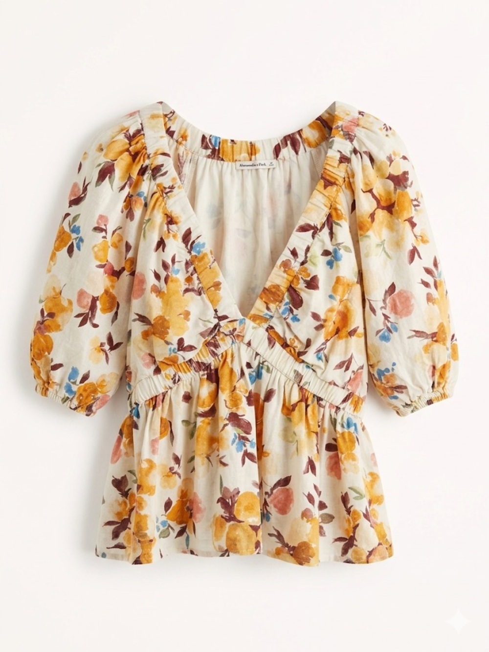 Abercrombie & Fitch Cream Floral Puff-Sleeve Peplum Top - SZ L